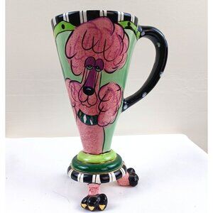 Whimsical Hand-Painted Poodle Ceramic Mug Lynda Corneille 7" Tall Dog Feet Base